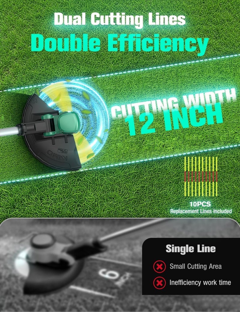 KIMO Cordless Weed Wacker Battery Operated w/ 2 x 2.0Ah Batteries, 2-in-1 String Trimmer & Edger with Charger & Wheels, 10Pcs Cutting Lines, 12" Dual-Sided Cutting Line, 20V Weed Trimmer for Lawn Yard - Image 4